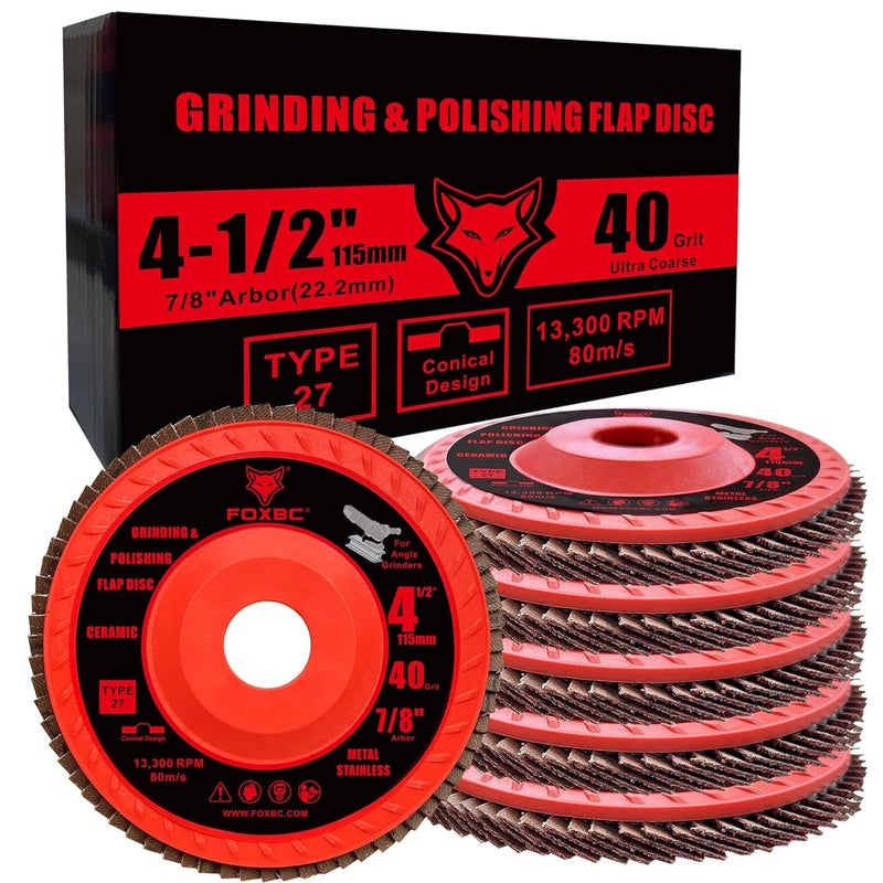 FOXBC 4-1/2 inch Ceramic Flap Disc 40 Grit for Angle Grinder with Speed HUB, Type 27, Grinding and Polishing for Metal, 5 Pack - Image 5